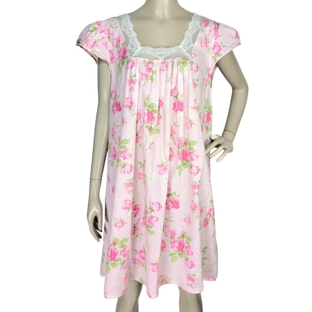 Vintage Ralph Lauren Cottagecore Romantic Floral Pink Lace Trim Cotton Nightgown